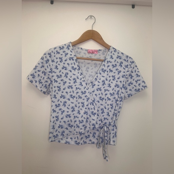 Ragdoll Tops - Ragdoll Blue Floral Wrap Top Y2K Baby Tee Cottagecore Soft Girl 90s